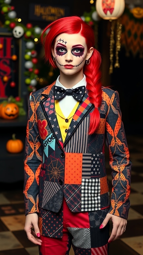 Genderbend Sally costume from The Nightmare Before Christmas with patchwork design and character makeup.